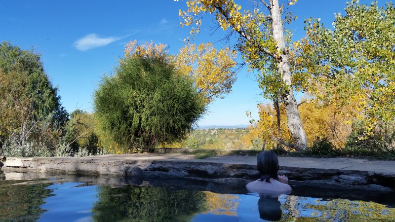 A woman soaking in a pool looking out over tress against a blue sky.