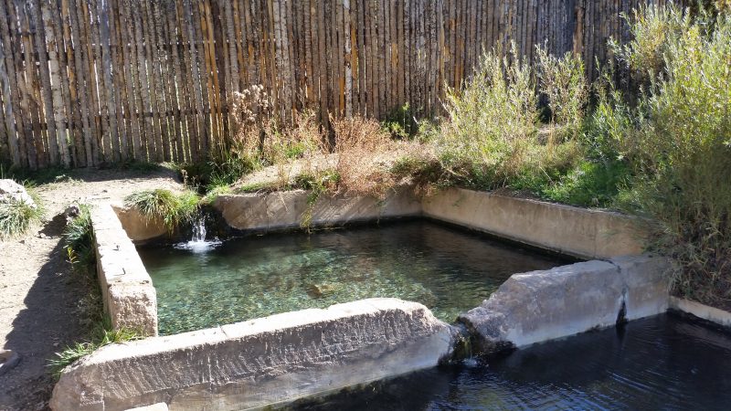 A concrete pool filled with hot spring water with a wood fence in the background.