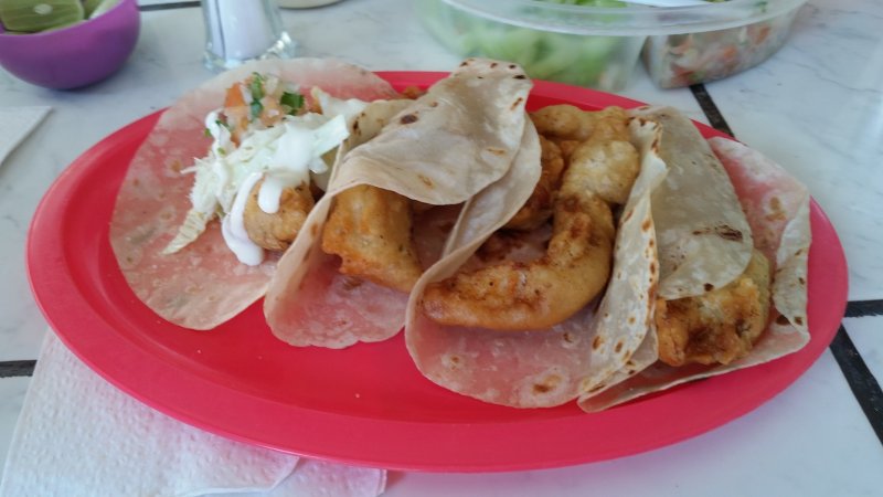 A red plate of four fish tacos in Baja California.