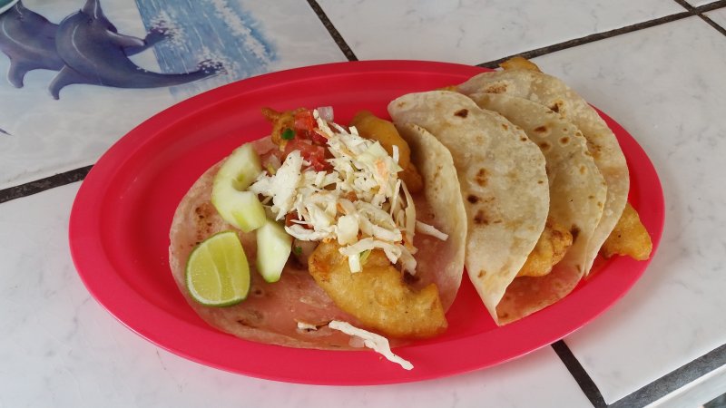 A red plate of fish tacos with salsas and limes on the Baja Peninsula in Mulege, Mexico.