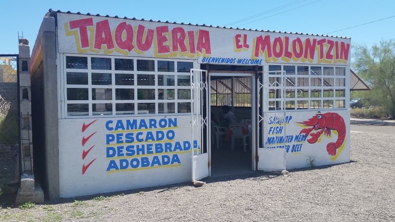 The front of Taqueria El Molontzin, a popular fish taco restaurant in Loreto, Mexico.