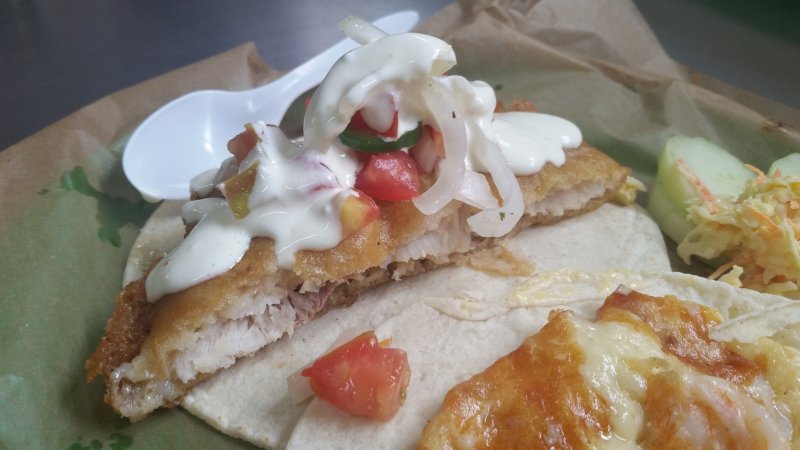 Cross-section of a fish taco at Taco Fish La Paz in La Paz, Baja Sur, Mexico.