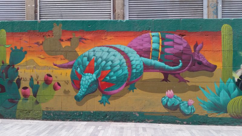 Colorful urban artwork in Mexico City featuring two armadillos.