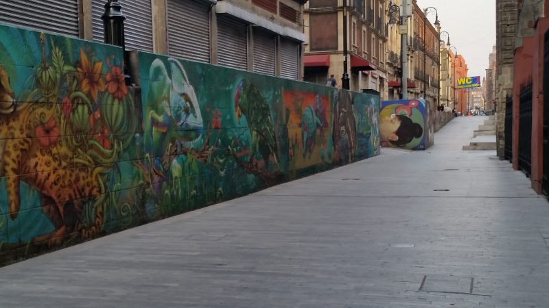 An alley in Mexico City featuring a very elaborate mural of marine life.
