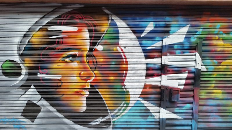 An example of street art painted on the steel shutters of a storefront showing a woman in an astronaut helmet.