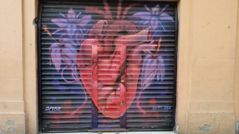 Metal shutters on a storefront spray painted with an anatomical-looking heart.
