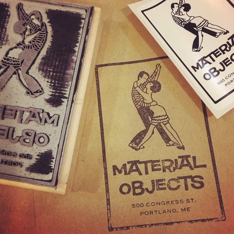 Rubber stamps with the Material Objects logo on them.
