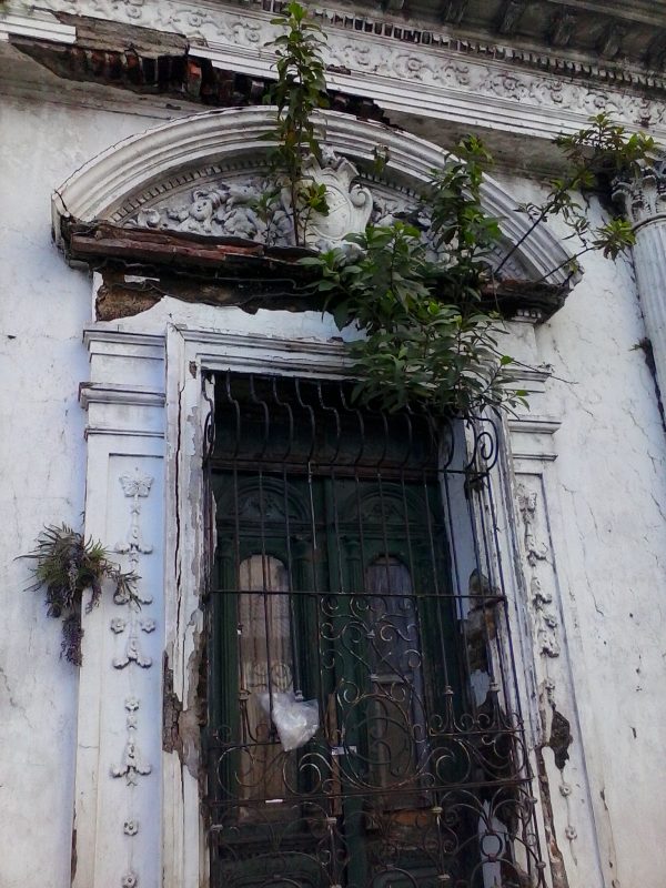 A cracked facade of a colonial building with vegetation sprouting from it in San Salvador, El Salvador.