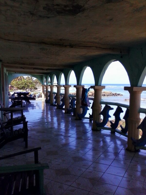 Exterior of the turquoise-colored Beach View Hotel on Big Corn Island off the coast of Nicaragua.