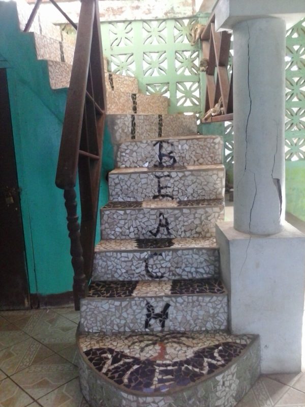 The stairs at the turquoise-colored Beach View Hotel on Big Corn Island off the coast of Nicaragua.