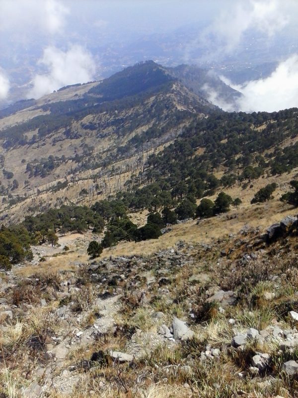 A green hillside with low clouds in the distance.