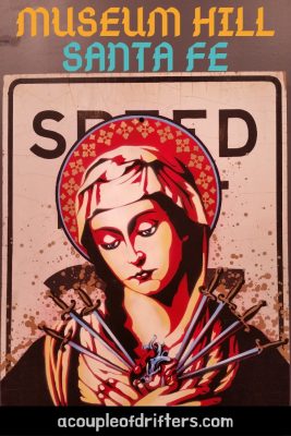 A stencil of Virgin Mary on speed limit sign.