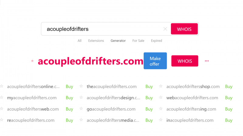 A screenshot of a domain name-availability checking tool, useful for coming up with good travel blog name ideas.