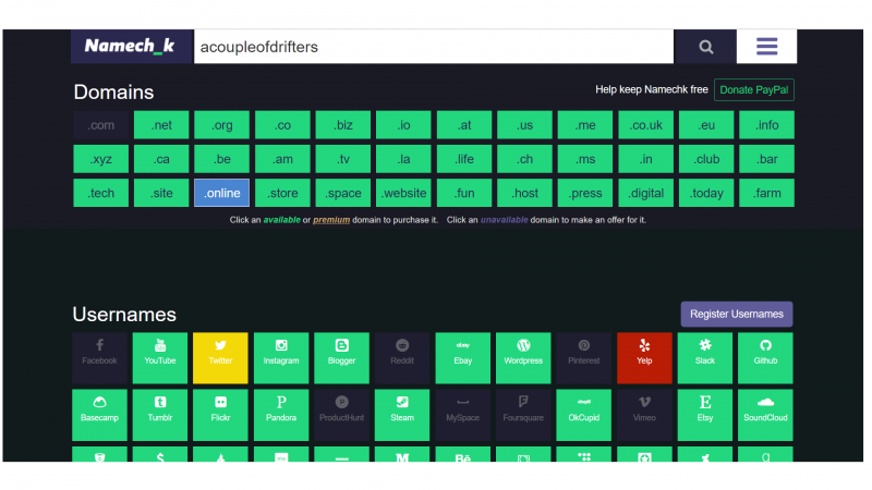 A screenshot of a domain name-availability checking tool, useful for checking how good a travel blog name idea is.