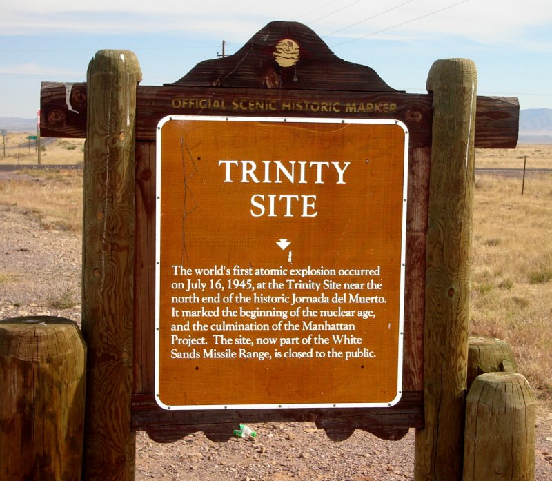 A brown historical informative sign for the Trinity Site.