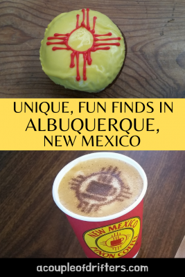 Doughnut with yellow icing and red Zia symbol. Cup of coffee with Zia symbol and steaming coffee cup design in cinnamon.