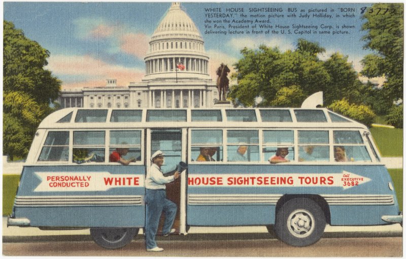 old postcard of a bus offering white house tours.